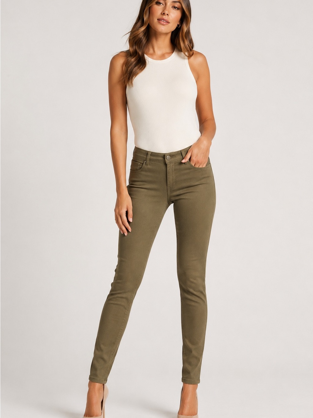 Labijou Olive Green Stretch Jeggings Women’s Large Pull-On Skinny Pants